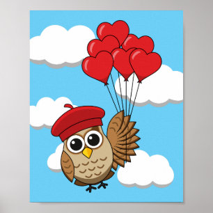 Poster Cute Owl Flying with Heart Balloons
