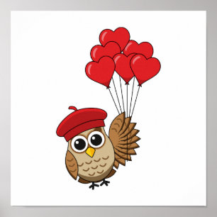 Poster Cute Owl Flying with Heart Balloons