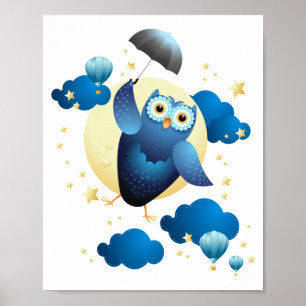 Poster Cute Owl Flying with Umbrella