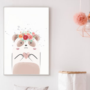 Poster Cute Panda Coeur Rose Aquarelle Fleurs Pépinière