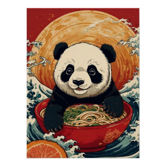 Poster Cute Panda Eating Ramen in Japanese Ukiyo-e Style (Devant)