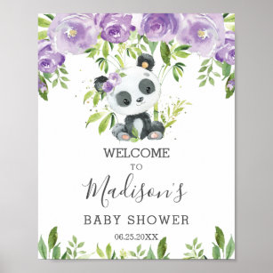 Poster Cute Panda Purple Floral Vert Bambou Bienvenue