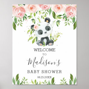 Poster Cute Panda Rose Flore Vert Bambou Bienvenue