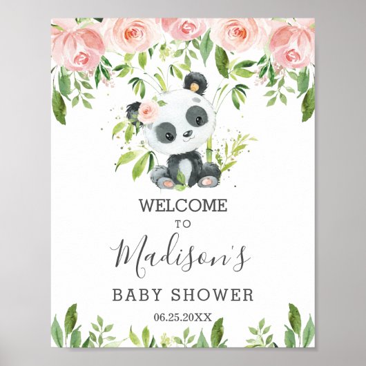 Poster Cute Panda Rose Flore Vert Bambou Bienvenue (Devant)