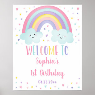 Poster Cute Pastel Arc-en-ciel Nuages Fille Anniversaire