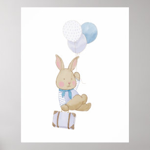 Poster Cute Pastel Blue Ballons Bunny Nursery Decor