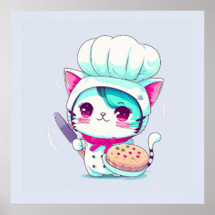 Poster Cute pâtisserie boulangère Chef Chat avec gâteau e