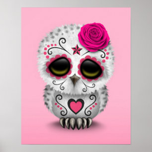Poster Cute Pink Day of the Dead Sugar Skull Owl