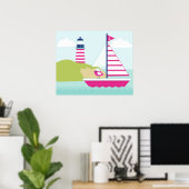 Poster Cute Pink Sail Boat and Lighthouse (Bureau à domicile)