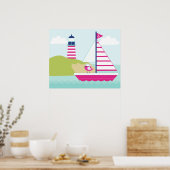 Poster Cute Pink Sail Boat and Lighthouse (Cuisine)