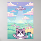 Poster Cute Pixel Art Cat with UFO in Pastel Sky Kawaii (Devant)