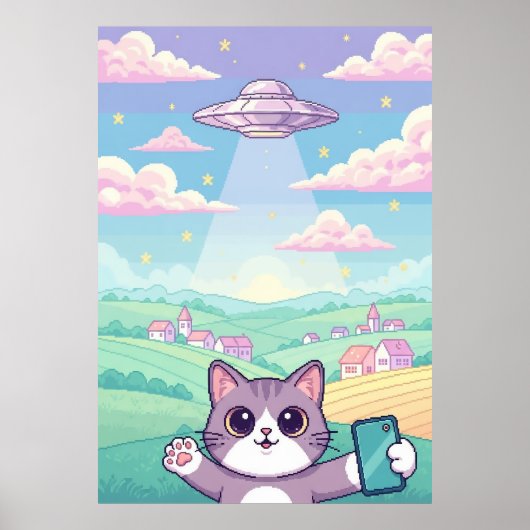 Poster Cute Pixel Art Cat with UFO in Pastel Sky Kawaii (Devant)