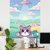 Poster Cute Pixel Art Cat with UFO in Pastel Sky Kawaii (Bureau à domicile)