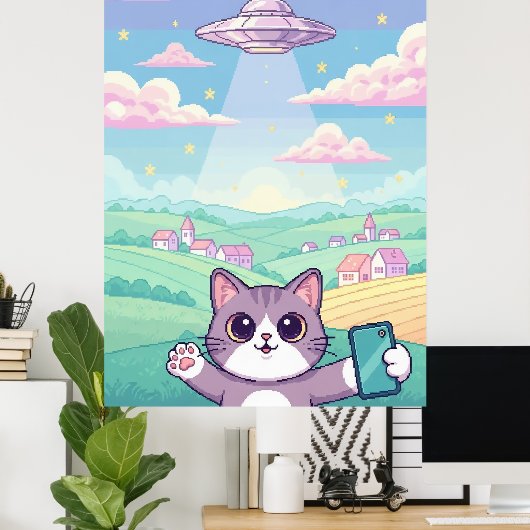 Poster Cute Pixel Art Cat with UFO in Pastel Sky Kawaii (Bureau à domicile)