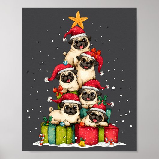 Poster Cute Pug Le Dog Christmas Tree Xmas Hat Long Sleev (Devant)