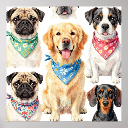 Poster Cute Puppy Portraits Bandana Collage Watercolor (Devant)