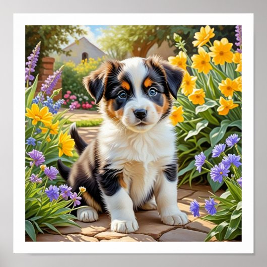 Poster Cute Puppy with Flowers (Devant)