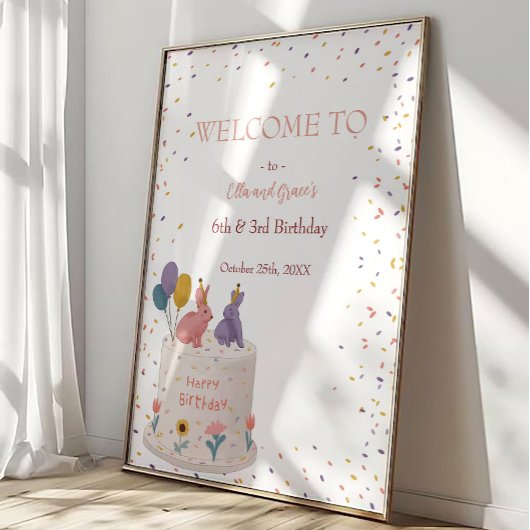 Poster Cute Rabbits on Cake Joint Birthday Sister Welcome