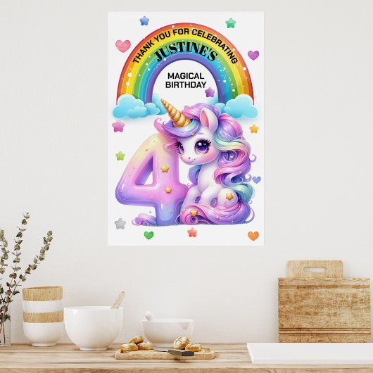 Poster Cute Rainbow et Unicorn 4e fête d'anniversaire (Cuisine)