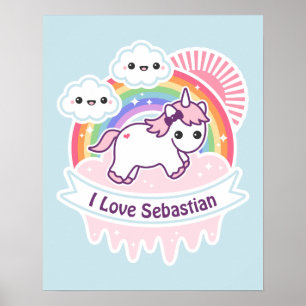 Poster Cute Rainbow Unicorn avec nuages