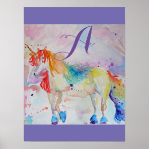 Poster Cute Rainbow Unicorn Watercolor Girls personnalisa