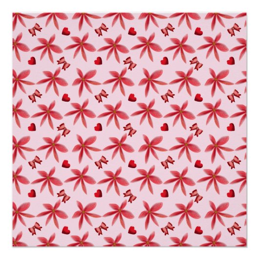 Poster Cute Red Floral Heart Pattern Seamless Girly  (Devant)