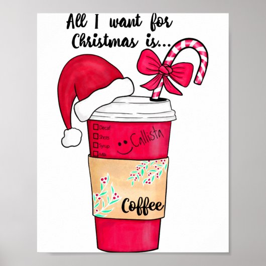 Poster Cute Red Santa Hat Coffee Candy Cane Christmas (Devant)