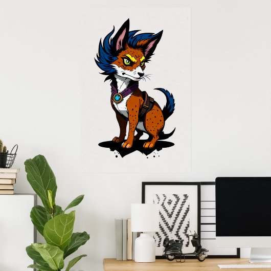 Poster Cute Renard cartonné avec cheveux bleus | Art AI (Bureau à domicile)