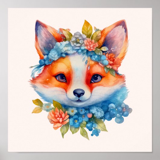 Poster Cute Renard orange avec Couronne florale (Devant)