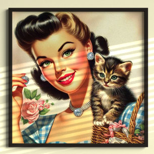 Poster Cute Retro Girl and Kitten