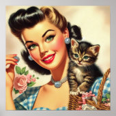 Poster Cute Retro Girl and Kitten (Devant)