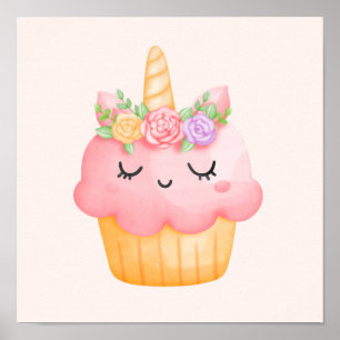 Poster Cute rose Cupcake Unicorn avec Rose