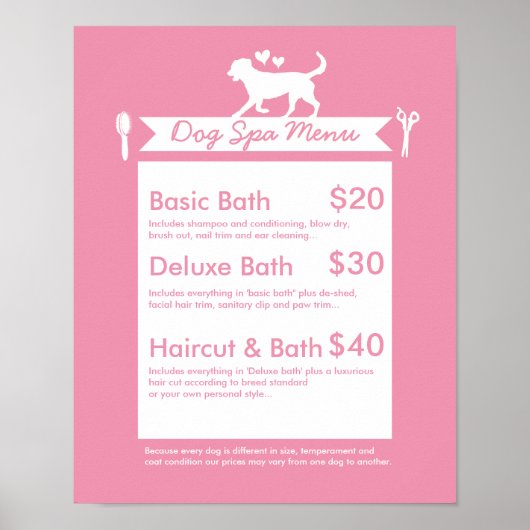 Poster Cute Rose Silhouette Chien Grooming Salon Menu (Devant)