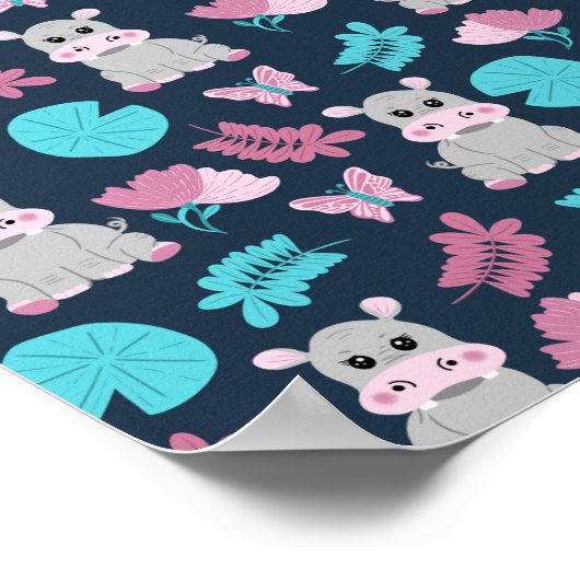 Poster Cute rose Turquoise Hippo Papillon Floral Lily Pad (Coin)