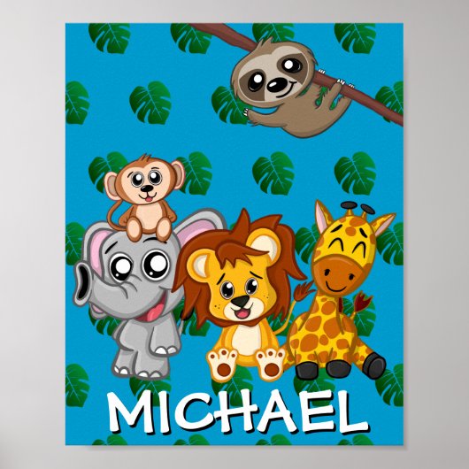Poster Cute Safari Animaux Caricature Jungle Nom Bleu (Devant)