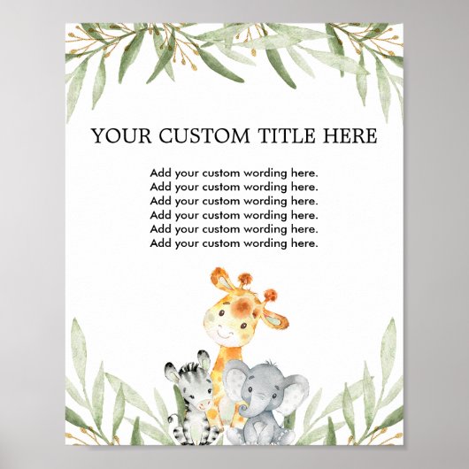 Poster Cute safari animaux verdure sur mesure Faites votr (Devant)