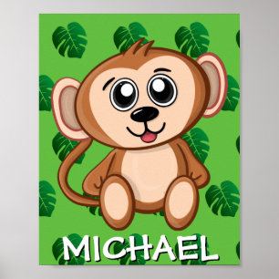 Poster Cute Safari Monkey Green Cartoon Jungle Nom Zoo