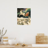 Poster Cute Santa and Reindeer Flying Over Snowy Village (Cuisine)