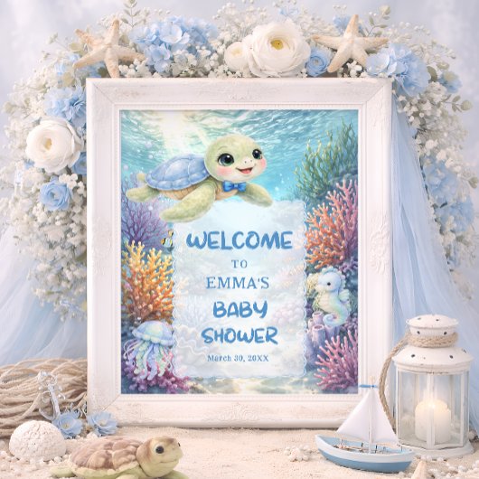 Poster Cute Sea Turtle Boy Baby Shower Welcome
