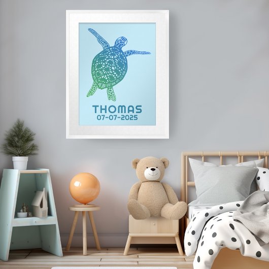 Poster Cute Sea Turtle CUSTOM NOM DE BÉBÉ ANNIVERSAIRE Ar