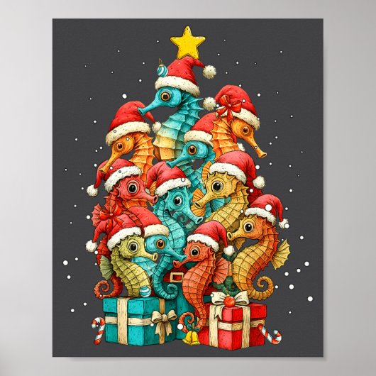 Poster Cute Seahorse Le Sea Fish Christmas Tree Xmas Hat  (Devant)