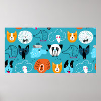 Cute seamless pattern with funny dogs on a blue ba
