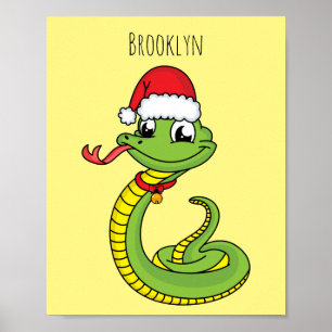 Poster Cute serpent vert avec chapeau santa dessin animé