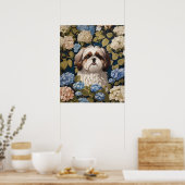 Poster Cute Shih Tzu Chiot Blue hydrangea fleurs (Cuisine)