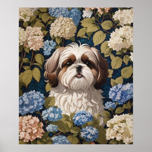 Poster Cute Shih Tzu Chiot Blue hydrangea fleurs (Devant)