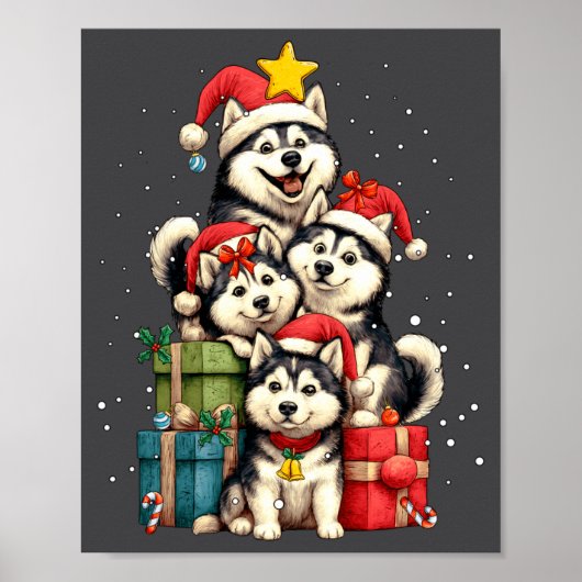 Poster Cute Siberian Husky Le Dog Christmas Tree Xmas Hat (Devant)