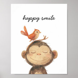 Poster Cute Singe Oiseau Joyeux Sourire Aquarelle Nursery