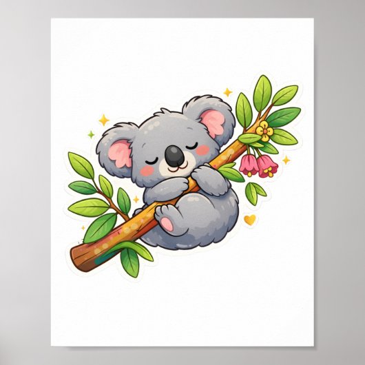 Poster Cute Sleeping Koala on Eucalyptus Branch Kawaii (Devant)