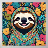Poster Cute sloth surrounded by flowers (Devant)