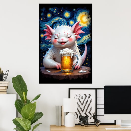 Poster Cute smiling monster with a mug of beer and starry (Bureau à domicile)
